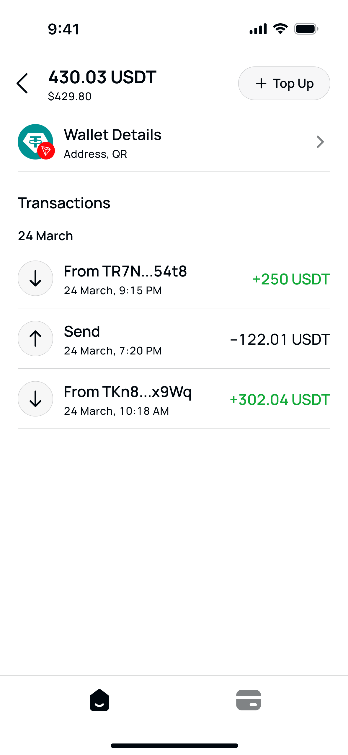 USDT wallet on TRC-20: balance, wallet address and incoming and outgoing transfers