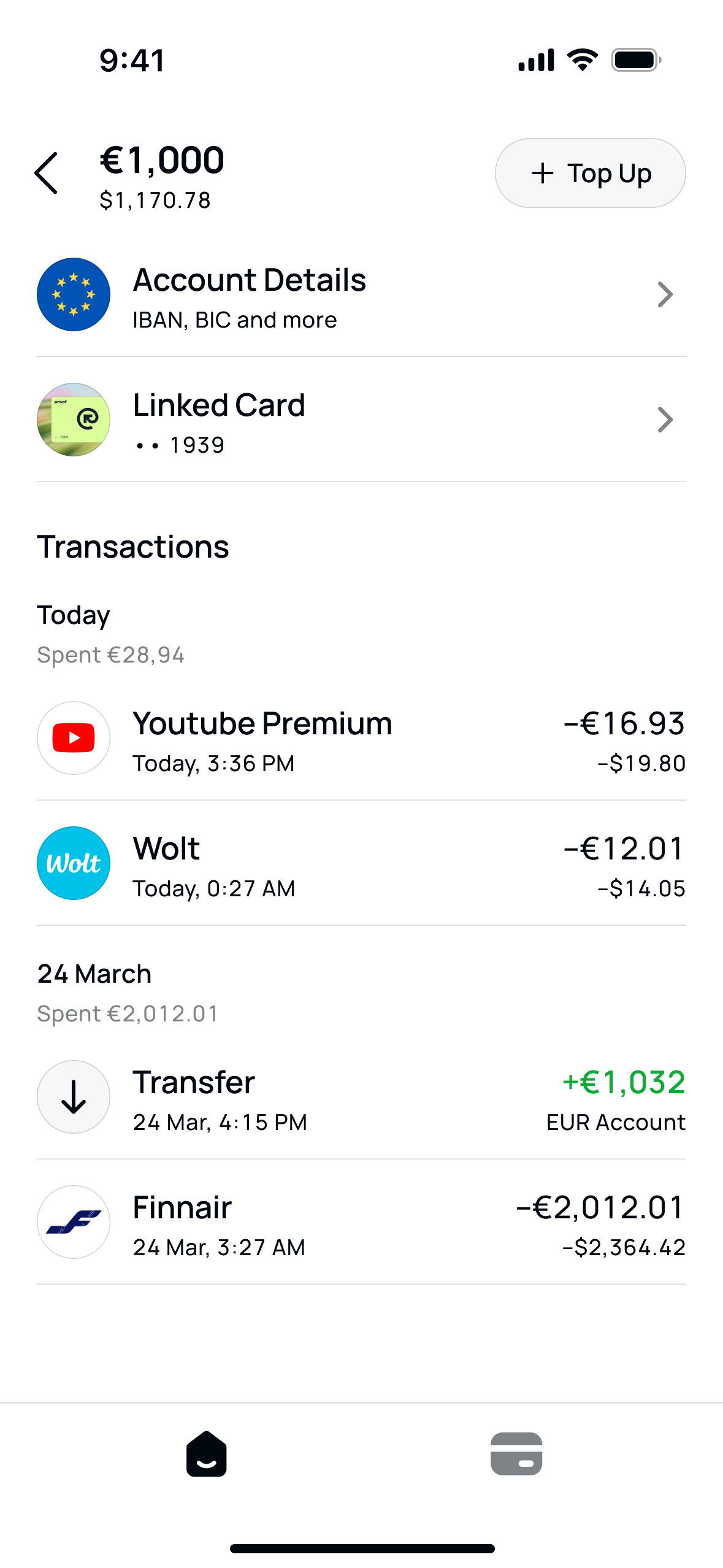 EUR account: balance in two currencies, IBAN details, linked card and the transaction list