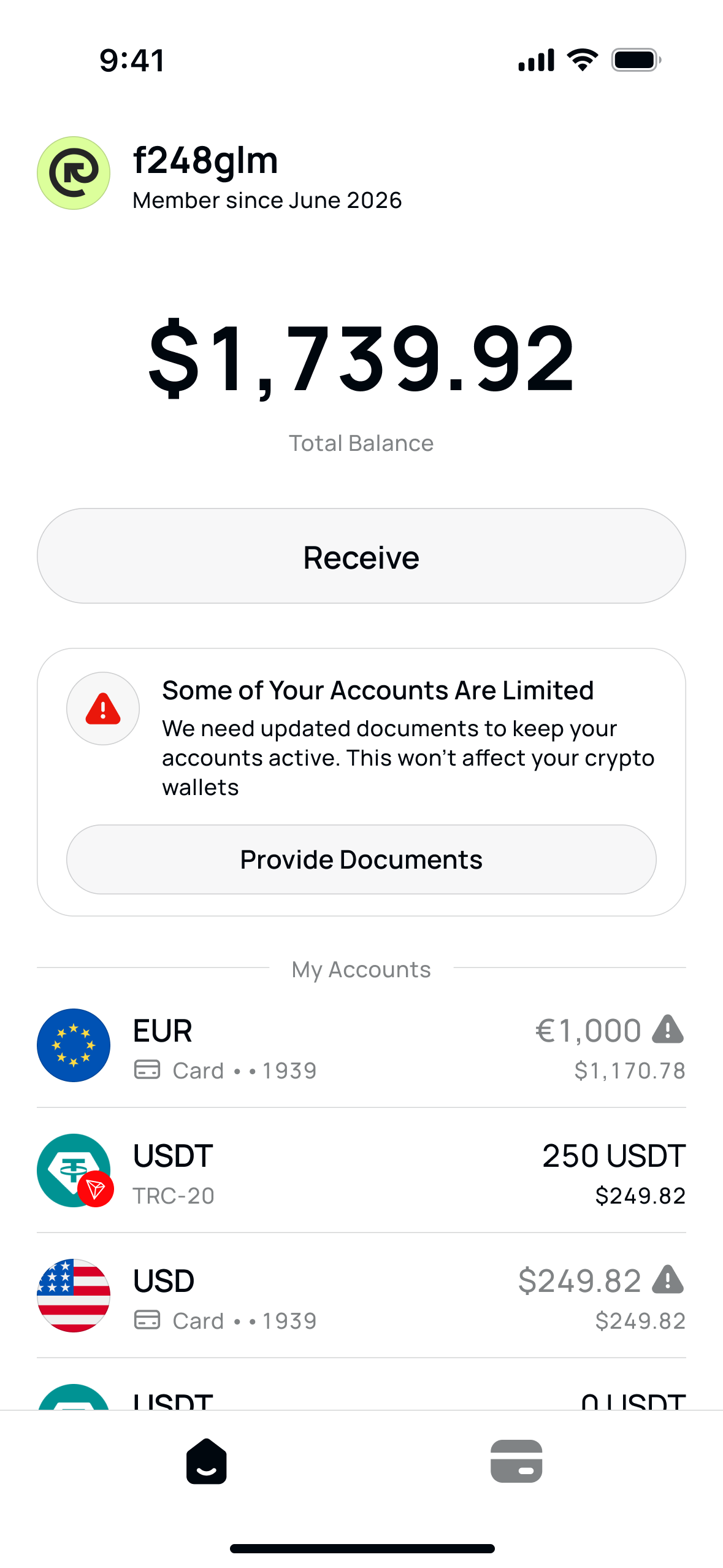 Home screen with a warning that some accounts are limited and a button to provide documents; affected accounts are marked in the list