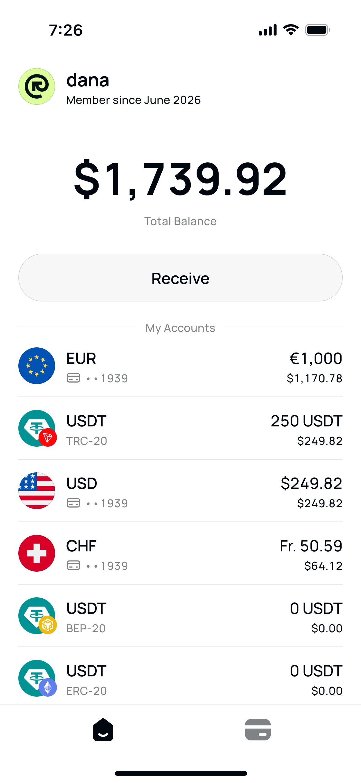 Home screen with fiat and crypto accounts and the total balance