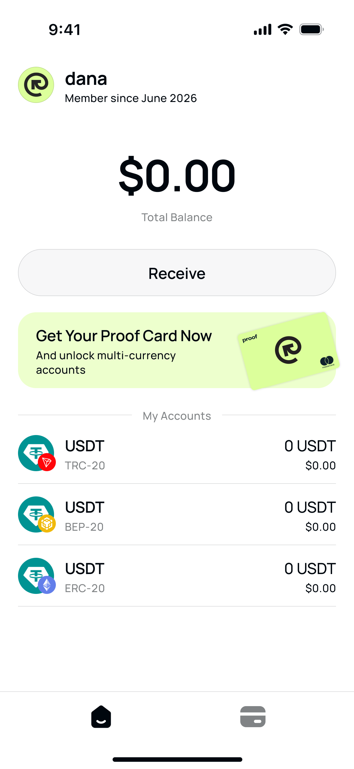 Home screen of a new user: zero balance and an offer to get the Proof card