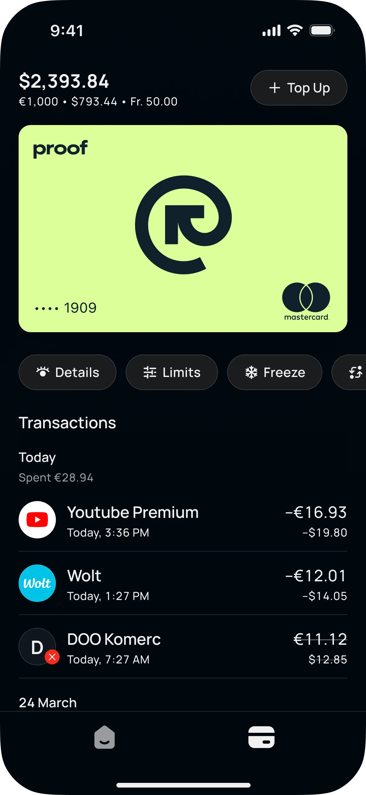 The same card screen in the dark theme