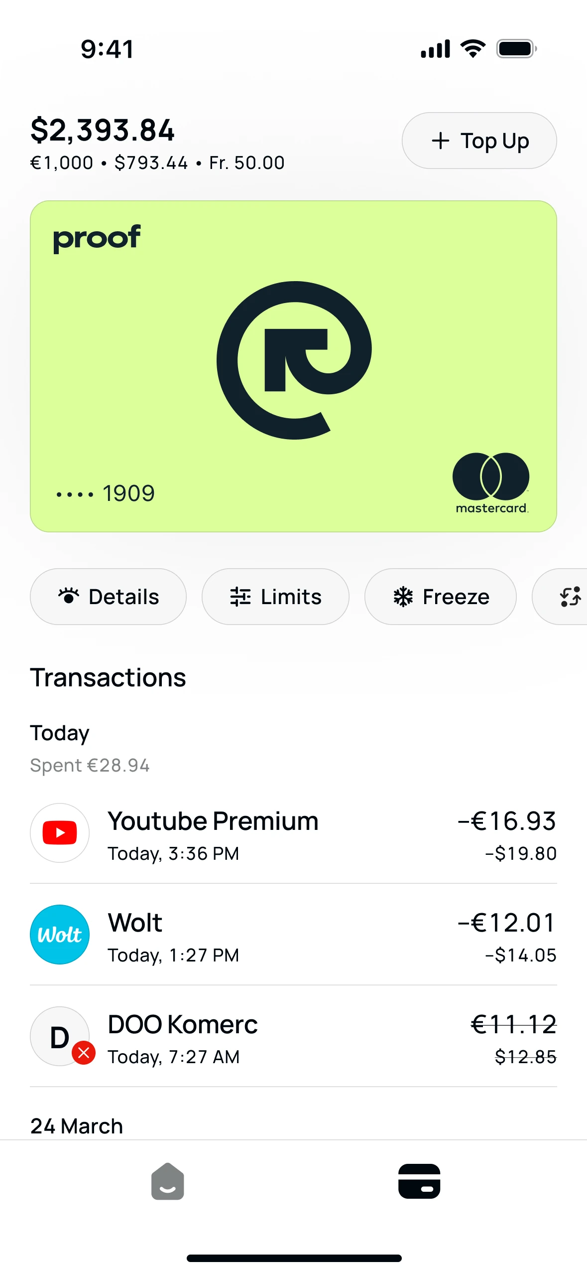 Card screen: total balance across currencies, the Proof Mastercard, actions and the card transaction list