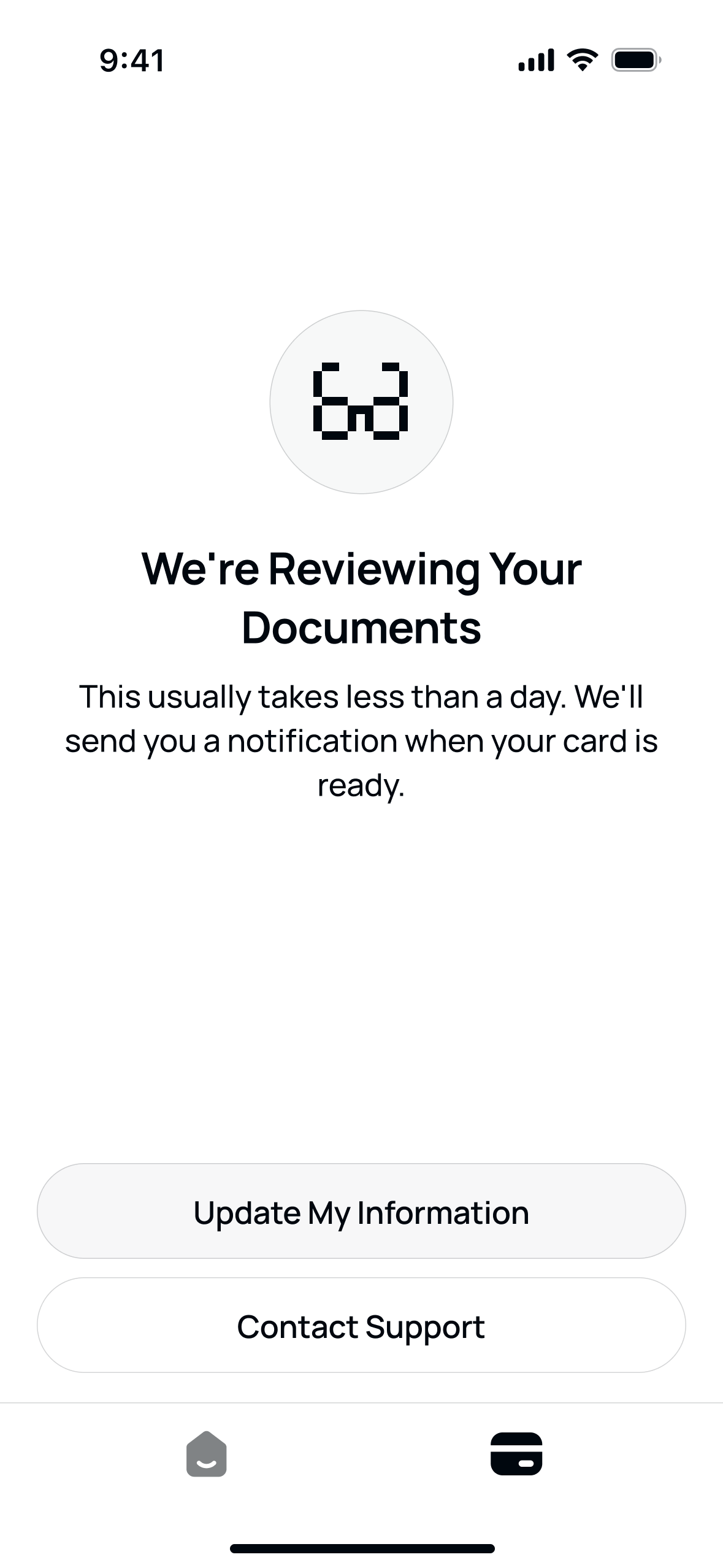 Documents under review: pixel glasses icon, a note that it usually takes less than a day, and buttons to update information or contact support