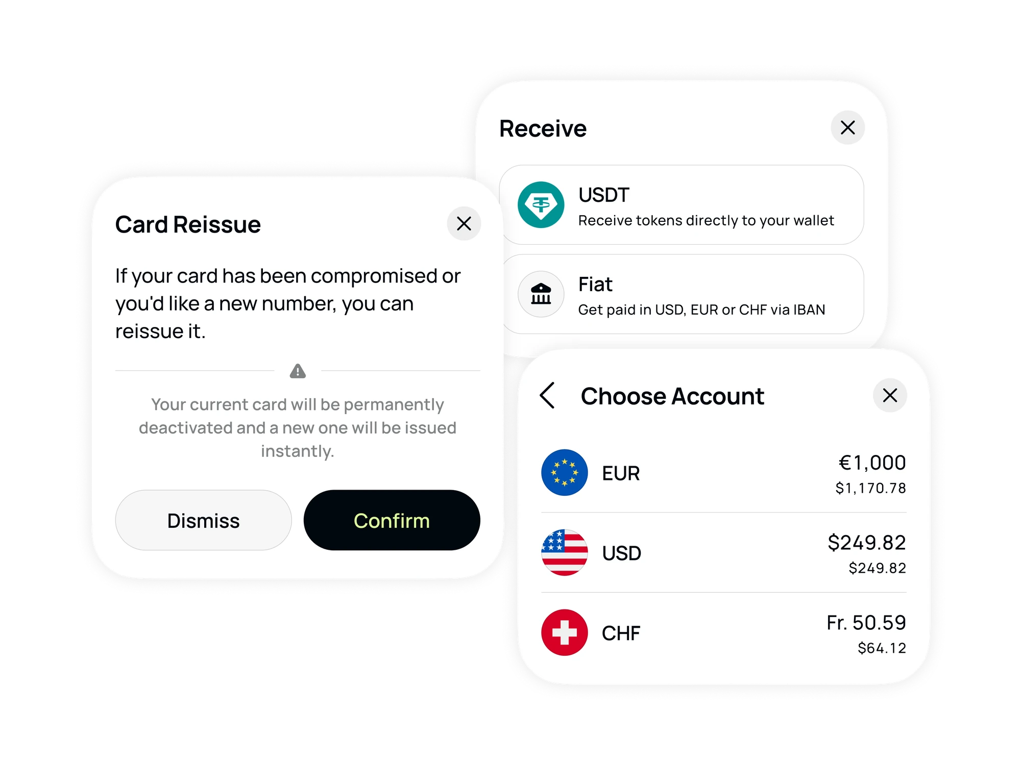 Bottom sheets: card reissue with a warning, receive options, account picker