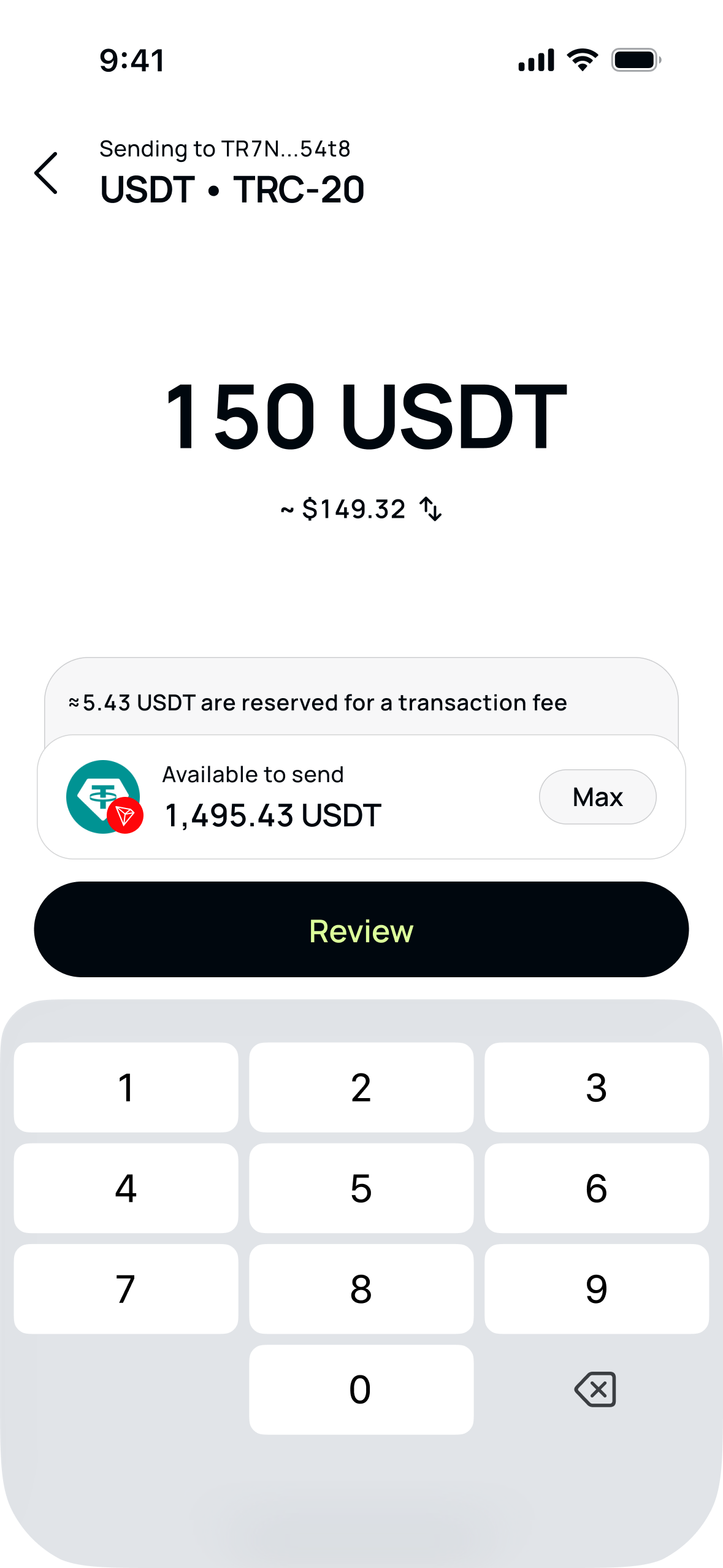 Send USDT: amount with the dollar equivalent, the fee reserved, available balance and a numeric keypad