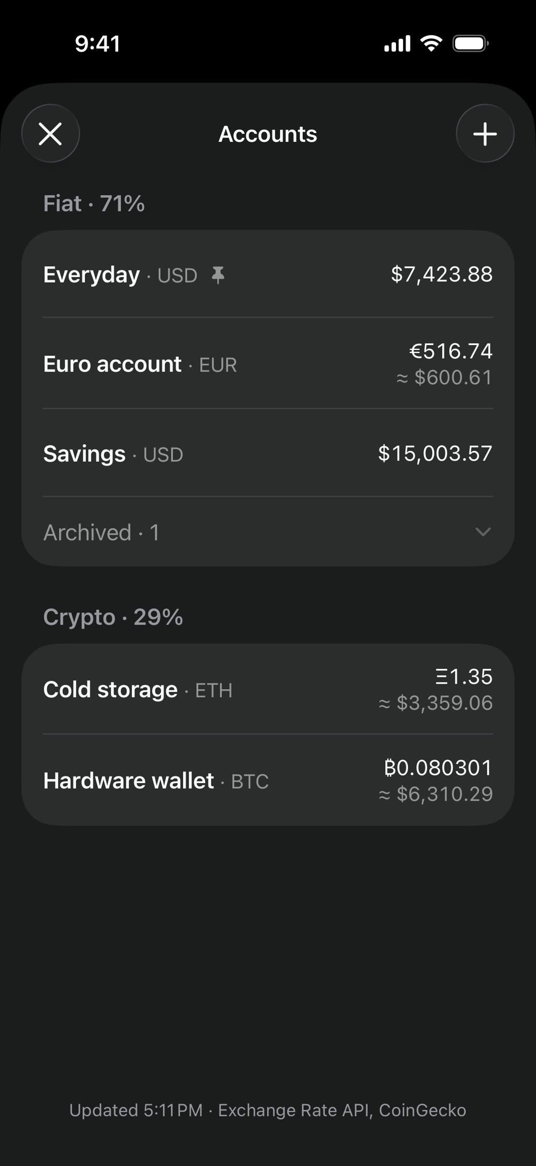 Accounts screen with fiat and crypto accounts