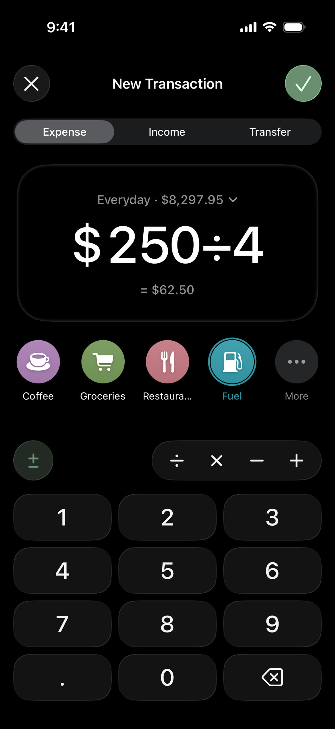 New transaction with $250÷4 in the amount field and the result $62.50 below it