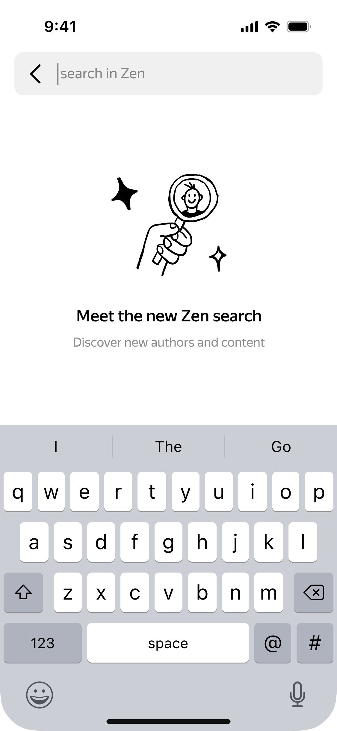 First session: an illustration of a hand with a magnifier and the message Meet the new Zen search