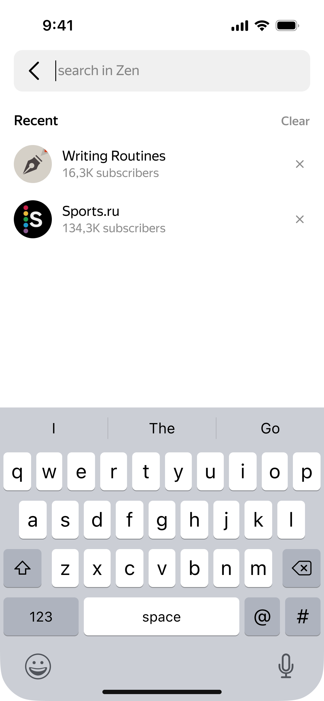 Search zero state on later sessions: recent searches, Writing Routines and Sports.ru, with a Clear button